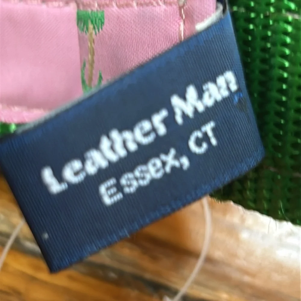 Leather Man webbing belt, green with pink ribbon, palm trees.  Size Large.